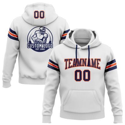 Custom Navy-Orange Football Hoodie with Personalized Name and Number - Stitched White Pullover Sweatshirt Personalized Stitched