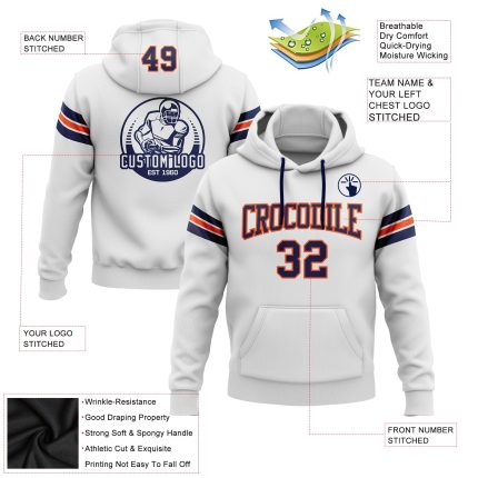 Custom Navy-Orange Football Hoodie with Personalized Name and Number - Stitched White Pullover Sweatshirt Personalized Stitched