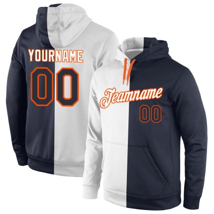 Custom Team Hoodie Personalized Sports Pullover with Name and Number - White Navy-Orange Split Design Personalized Stitched