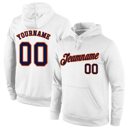 Custom Navy-Orange Stitched Sports Hoodie with Personalized Name and Number - White Pullover Sweatshirt Personalized Stitched