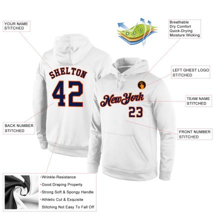 Custom Navy-Orange Stitched Sports Hoodie with Personalized Name and Number - White Pullover Sweatshirt Personalized Stitched