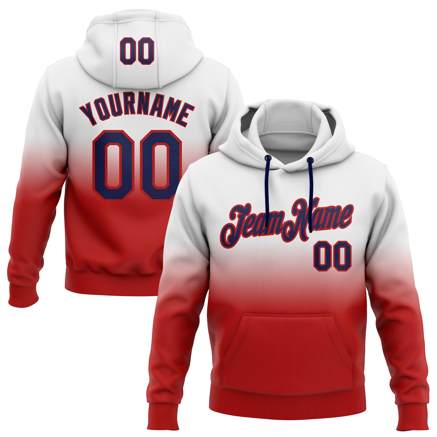 Custom Name Number Hoodie | Personalized Sports Pullover Sweatshirt | White Navy-Red Fade Fashion Personalized Stitched White