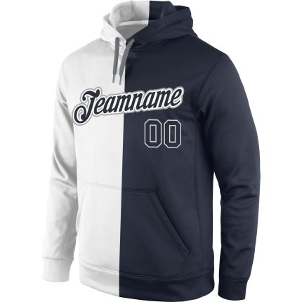 Custom Name Number Sports Pullover Hoodie - Personalized Stitched White Navy Split Sweatshirt Fashion Personalized Stitched
