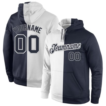 Custom Name Number Sports Pullover Hoodie - Personalized Stitched White Navy Split Sweatshirt Fashion Personalized Stitched