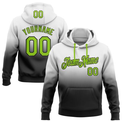 Custom Sports Hoodie with Name and Number - White Neon Green-Black Fade Pullover Sweatshirt Personalized Stitched White Neon