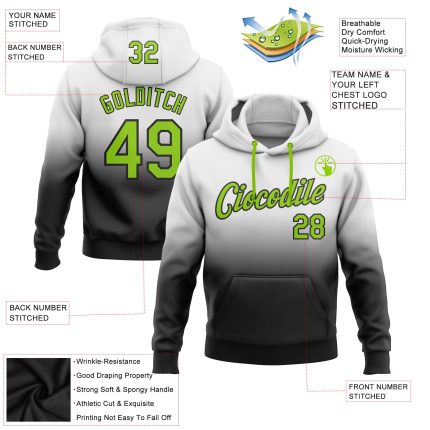 Custom Sports Hoodie with Name and Number - White Neon Green-Black Fade Pullover Sweatshirt Personalized Stitched White Neon