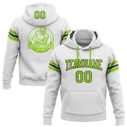 Custom Football Hoodie with Personalized Name & Number - White Neon Green-Black Stitched Pullover Sweatshirt Personalized