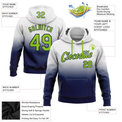 Custom Sports Pullover Hoodie with Personalized Name & Number - White Neon Green-Navy Fade Stitched Sweatshirt Personalized