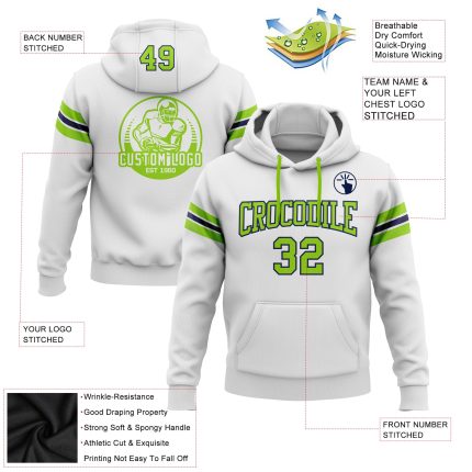 Custom Team Name Number Hoodie Sweatshirt Pullover - Personalized White Neon Green-Navy Football Design Personalized Stitched