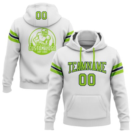 Custom Team Name Number Hoodie Sweatshirt Pullover - Personalized White Neon Green-Navy Football Design Personalized Stitched
