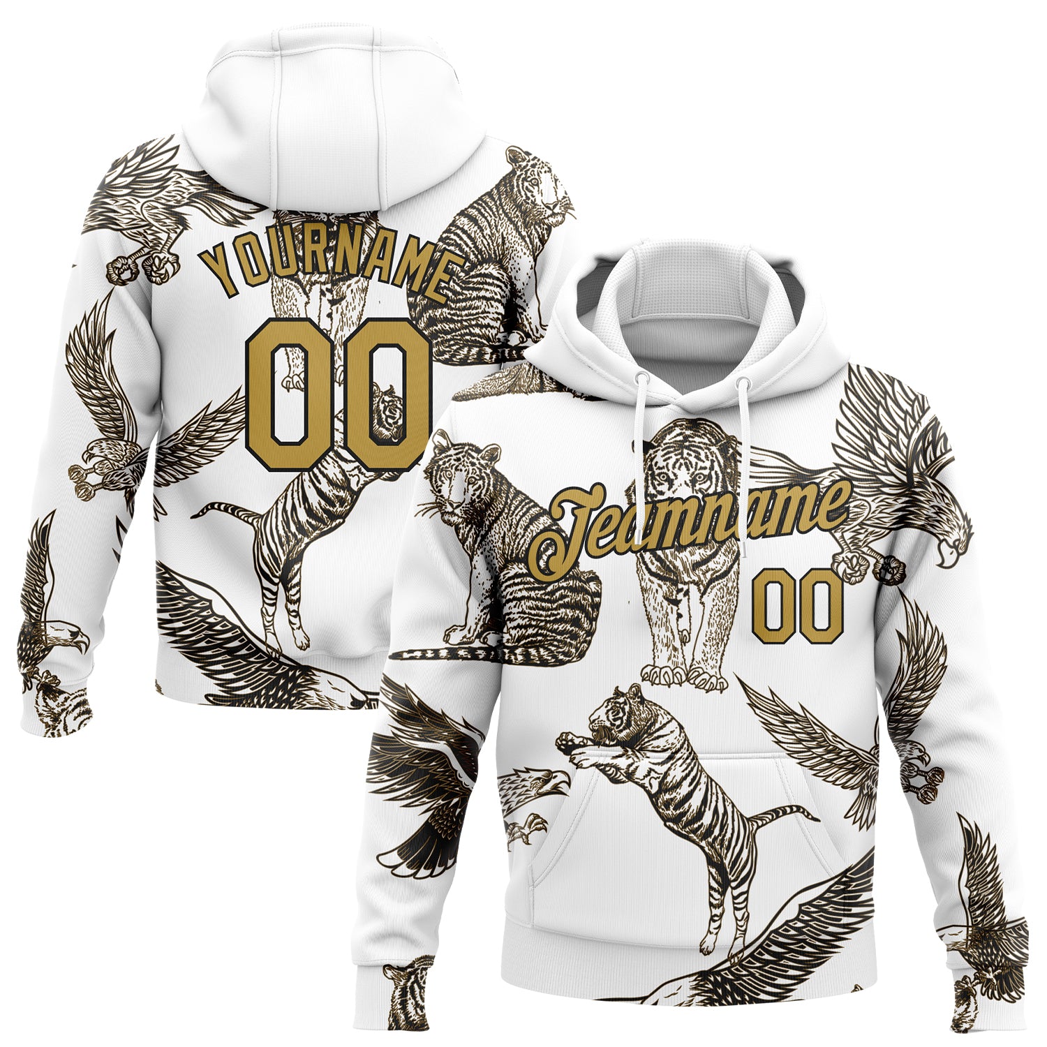 Custom Name Number Tiger Eagle Hoodie 3D Pattern Sports Sweatshirt Personalized Stitched White Old Gold-Black Personalized