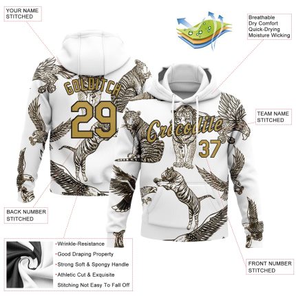 Custom Name Number Tiger Eagle Hoodie 3D Pattern Sports Sweatshirt Personalized Stitched White Old Gold-Black Personalized