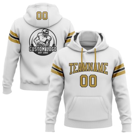 Custom Stitched Football Hoodie Sweatshirt - Personalized White Old Gold-Black with Name & Number Personalized Stitched White