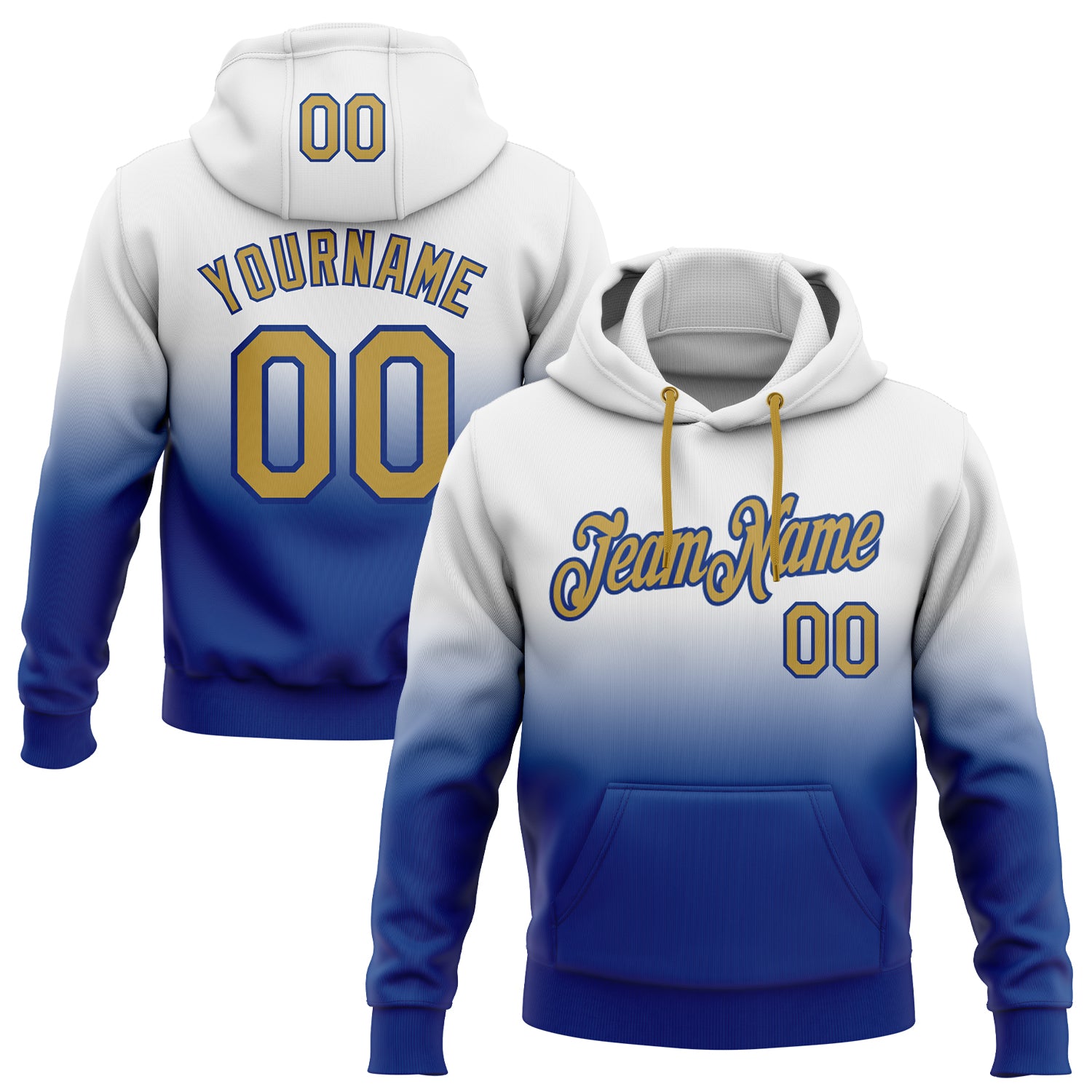 Custom Name Number Sports Hoodie Pullover Sweatshirt in White Old Gold-Royal Fade - Personalized and Stitched Fashion Apparel