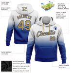 Custom Name Number Sports Hoodie Pullover Sweatshirt in White Old Gold-Royal Fade - Personalized and Stitched Fashion Apparel