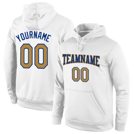 Custom Name Number Old Gold-Royal Sports Hoodie Sweatshirt - Personalized Stitched White Team Pullover Personalized Stitched