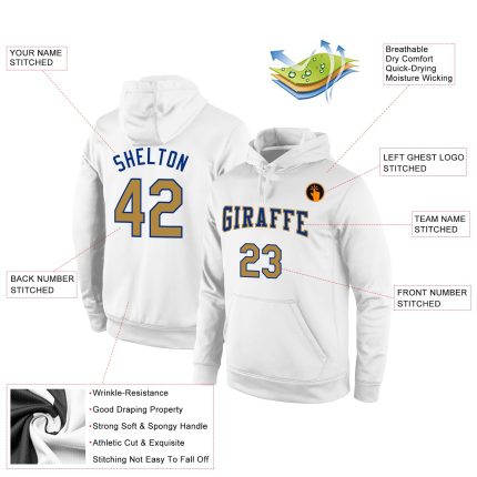 Custom Name Number Old Gold-Royal Sports Hoodie Sweatshirt - Personalized Stitched White Team Pullover Personalized Stitched