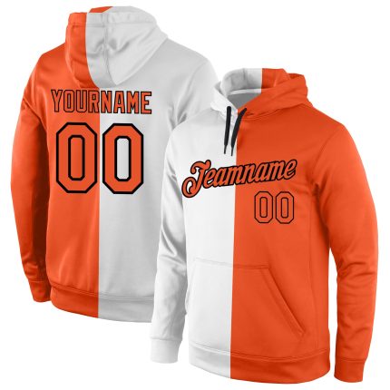 Custom Team Hoodie with Name & Number - Personalized Stitched Sports Pullover - White Orange-Black Split Design Personalized