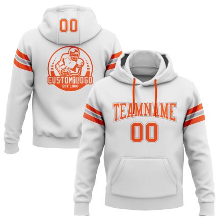 Custom Team Name Number Hooded Sweatshirt Pullover in Stitched White Orange-Gray Football Design Personalized Stitched White