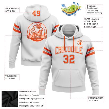 Custom Team Name Number Hooded Sweatshirt Pullover in Stitched White Orange-Gray Football Design Personalized Stitched White