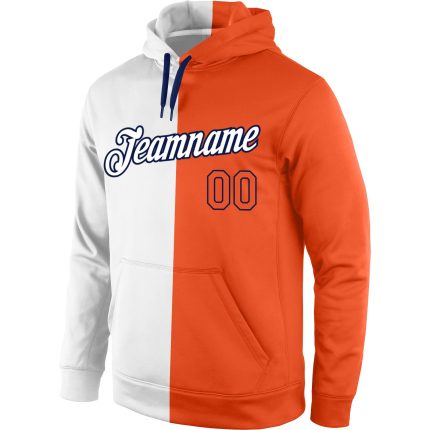 Custom Team Hoodie - Personalized Pullover Sweatshirt with Name & Number - White Orange Navy Split Fashion Sports Wear Personalized