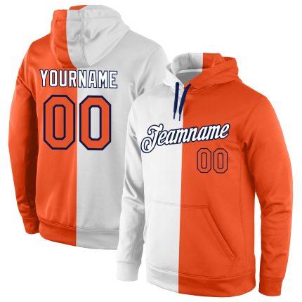Custom Team Hoodie - Personalized Pullover Sweatshirt with Name & Number - White Orange Navy Split Fashion Sports Wear Personalized