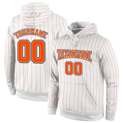 Custom Team Name Number Hoodie Sports Pullover Sweatshirt White Orange Black Pinstripe Design Personalized Stitched White