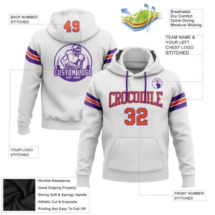 Custom Name Number Personalized Hoodie Sweatshirt for Football Team - Stitched White Orange Purple Pullover Personalized