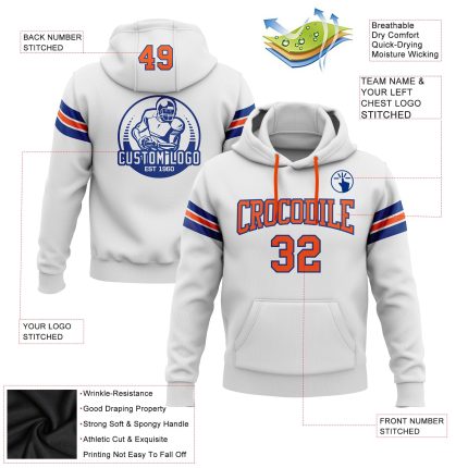 Custom Name Number Football Hoodie Sweatshirt - Personalized Stitched White Orange-Royal Team Apparel Personalized Stitched