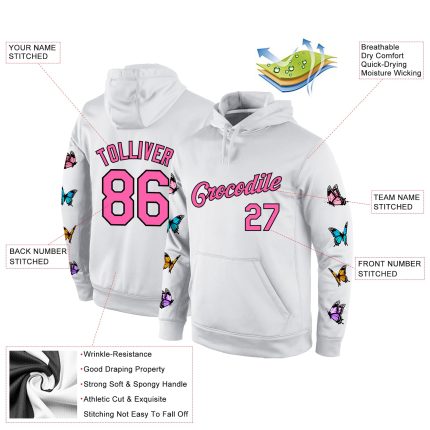Custom Name Number Personalized Pastel Butterfly Hoodie Sweatshirt with 3D Stitched White Pink Black Pattern Design Personalized