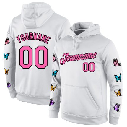 Custom Name Number Personalized Pastel Butterfly Hoodie Sweatshirt with 3D Stitched White Pink Black Pattern Design Personalized