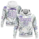 Custom Name and Number Sports Hoodie, 3D Pattern Crane and Flower Design, Personalized Stitched White Purple Pullover Sweatshirt