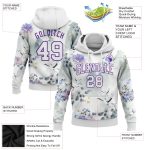 Custom Name and Number Sports Hoodie, 3D Pattern Crane and Flower Design, Personalized Stitched White Purple Pullover Sweatshirt