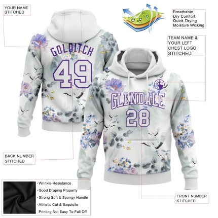 Custom Name and Number Sports Hoodie, 3D Pattern Crane and Flower Design, Personalized Stitched White Purple Pullover Sweatshirt