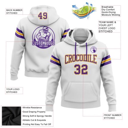Custom Stitched Football Pullover Hoodie with Name & Number - White Purple Gold Sweatshirt Personalized Stitched White Purple-Gold