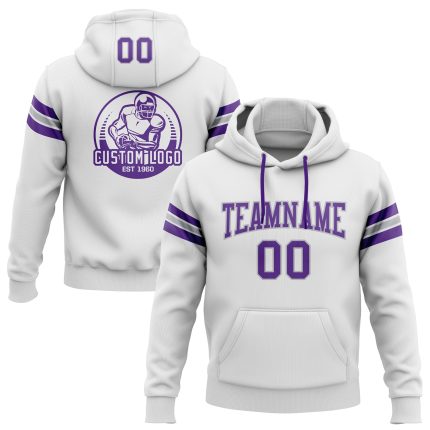 Custom Football Hoodie with Personalized Name & Number - Stitched White Purple-Gray Pullover Sweatshirt Personalized Stitched