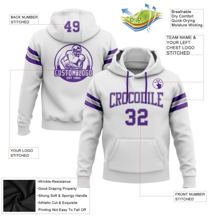 Custom Football Hoodie with Personalized Name & Number - Stitched White Purple-Gray Pullover Sweatshirt Personalized Stitched