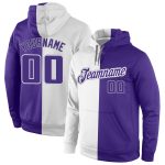 Custom Name and Number Sports Hoodie Pullover Sweatshirt in White Purple-Gray Split Design Personalized Stitched White Purple-Gray