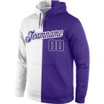Custom Name and Number Sports Hoodie Pullover Sweatshirt in White Purple-Gray Split Design Personalized Stitched White Purple-Gray