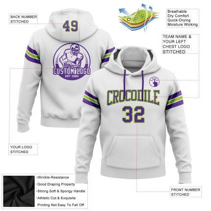 Custom Team Name Number Football Hoodie Sweatshirt Personalized Stitched White Purple Neon Green Pullover Personalized Stitched