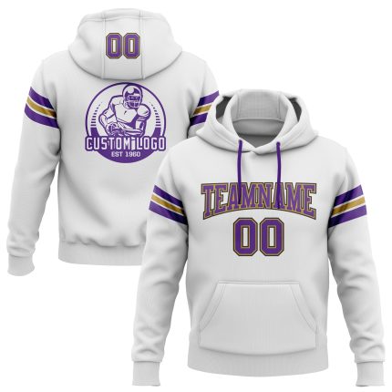 Custom Football Hoodie Sweatshirt with Stitched Team Name and Number - White Purple Old Gold-Black Personalized Stitched
