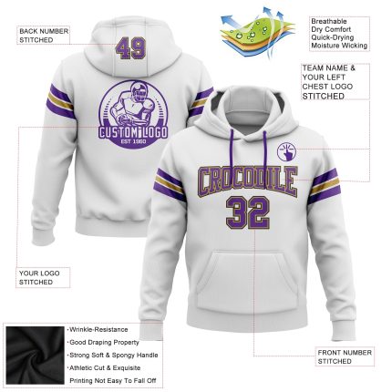 Custom Football Hoodie Sweatshirt with Stitched Team Name and Number - White Purple Old Gold-Black Personalized Stitched