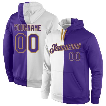 Custom Name and Number Sports Pullover Sweatshirt Hoodie - Personalized Stitched White Purple Old Gold Fashion Personalized