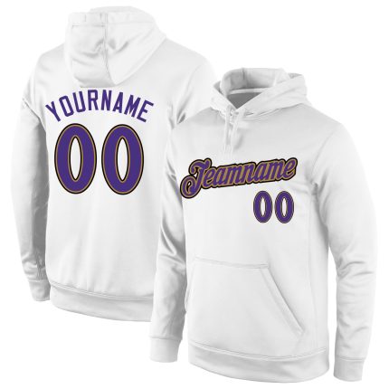 Custom Name Number Sports Hoodie Stitched White Purple-Old Gold Pullover Sweatshirt for Team Personalized Stitched White