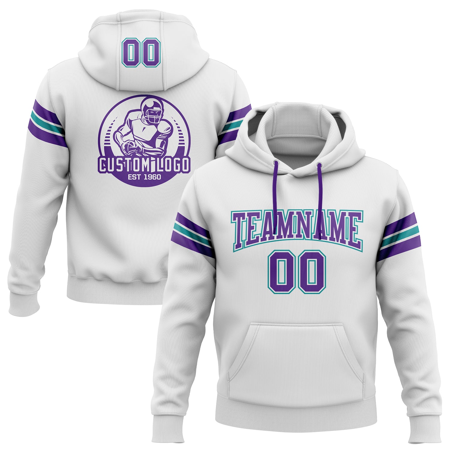 Custom Name and Number Personalized Football Hoodie Sweatshirt in White Purple Teal - Stitched Pullover Personalized Stitched