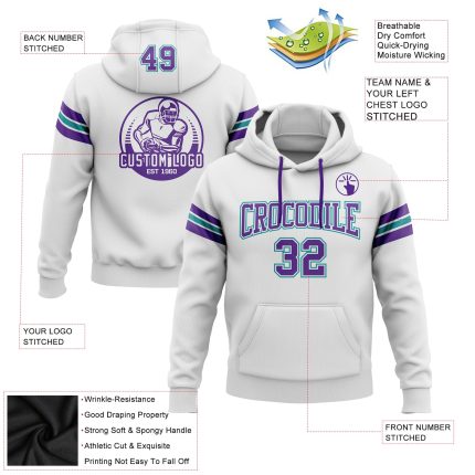 Custom Name and Number Personalized Football Hoodie Sweatshirt in White Purple Teal - Stitched Pullover Personalized Stitched