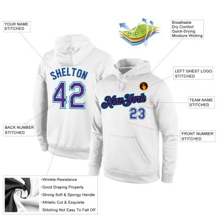 Custom Name Number Sports Hoodie Pullover Sweatshirt White Purple Teal Stitched Design Team Apparel Personalized Stitched