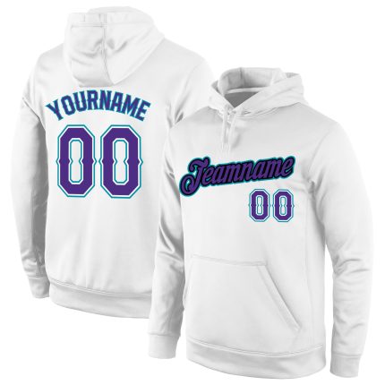 Custom Name Number Sports Hoodie Pullover Sweatshirt White Purple Teal Stitched Design Team Apparel Personalized Stitched