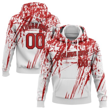 Custom Name and Number Sports Hoodie with 3D Stitched Red-Black Pattern, White Pullover Sweatshirt Design Personalized Stitched