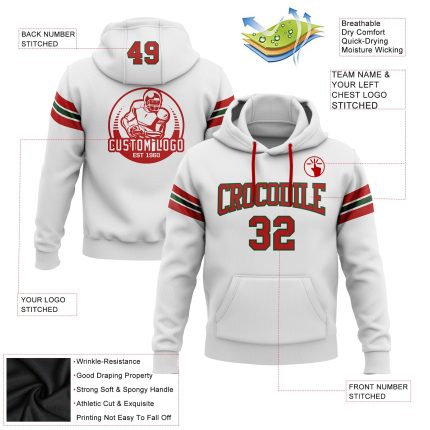 Custom Team Name Number Sweatshirt Hoodie - Personalized Stitched White Red-Green Football Pullover Personalized Stitched